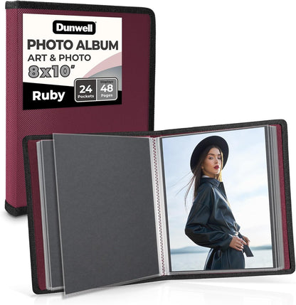 Dunwell Photo Album 8x10 (Ruby) - 24 Clear Sleeves, Black Mounting Paper, Professional Photography Book