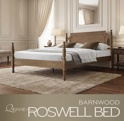 Solid Wood Queen Size Bed Frame with Headboard & Footboard, 12 Strong Slats, Center Metal Legs, Anti-Slip & Noise-Free Design, No Box Spring Needed, Quick Assemble, Barnwood Finish, ROQ-30