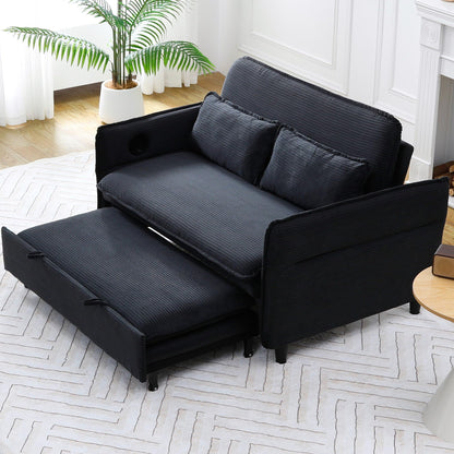 KEIKI 66" Convertible Sofa Bed w/Cup Holder, 3 in 1 Corduroy Sleeper Couch with Pull Out Bed, Adjustable Armrests & Backrests, Modern Chaise Lounge Chair for Living Room Bedroom, Easy Assembly, Black