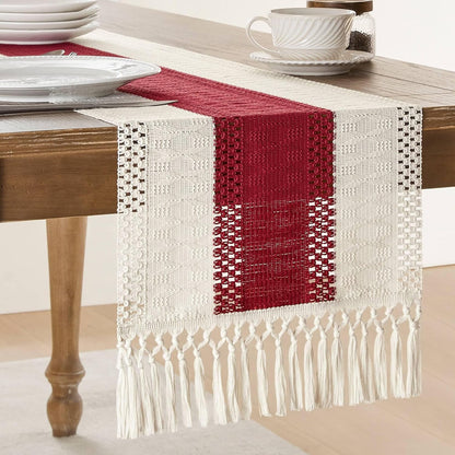 14 72 Inch 72 Inches ZeeMart Macrame Style Bicolor Stitching Table Runner, x Red/Ivory, Boho Red Table Runners Long