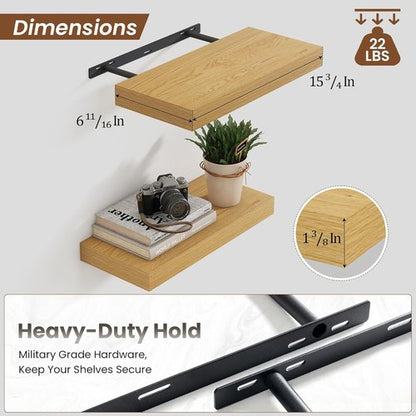 Heimlove 16-Inch Floating Shelves - Wall-Mounted Oak Wood Shelves for Bathroom, Bedroom & Office | Set of 2