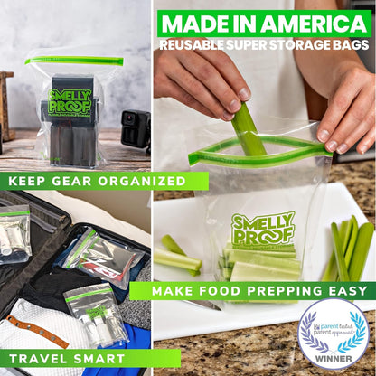 Smelly Proof 10 x Expandable Stand-Up & Fill REUSABLE Storage Bags for Food Designed & Mfg in US, NO PEVA, BPA FREE, Reusable Snack Bags, Dishwasher-Safe, Clear 3 mils STAND & FILL 6" x 4" - 10pk