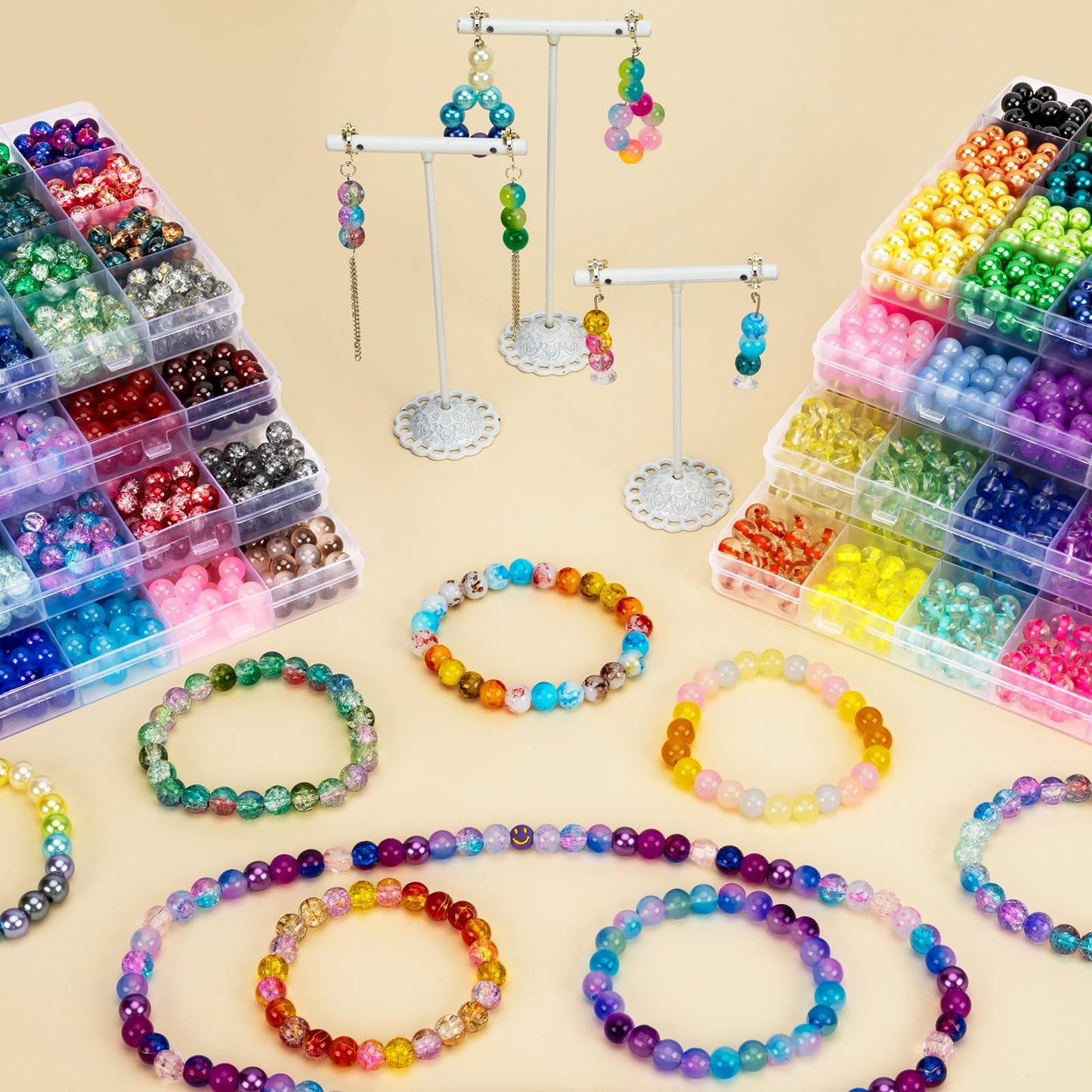 XSEINO 192 Colors 4800pcs 8mm Dream Candy Colorful Series Glass Beads Bracelet Making Kit,8 Box Different Unique Styles Crystal Bead for Making and DIY Crafts