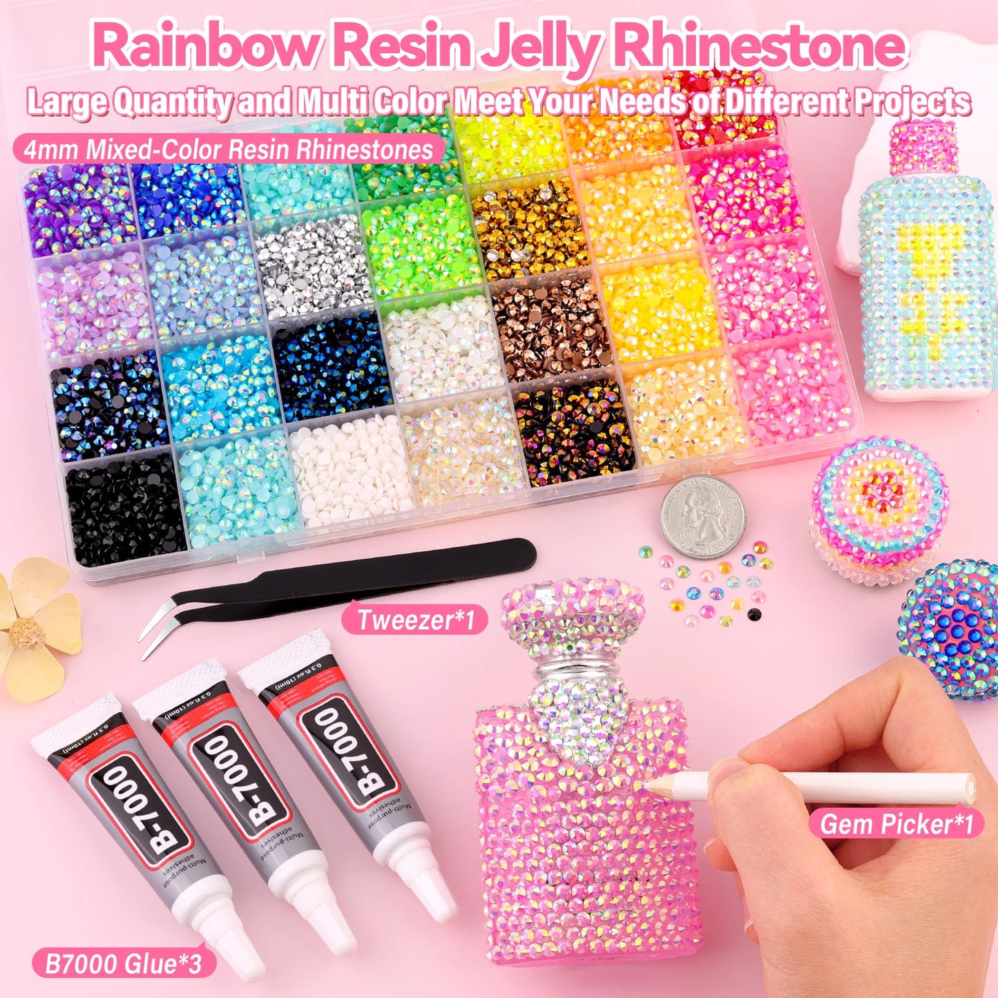 16000Pcs Resin Rhinestones for Bedazzling Kit, Mixed-Color 4mm Bedazzled Crystal with 3Pcs 10ml B7000 Jewelry Glue, Flatback Gems for DIY Crafts Clothing Nail Art Makeup