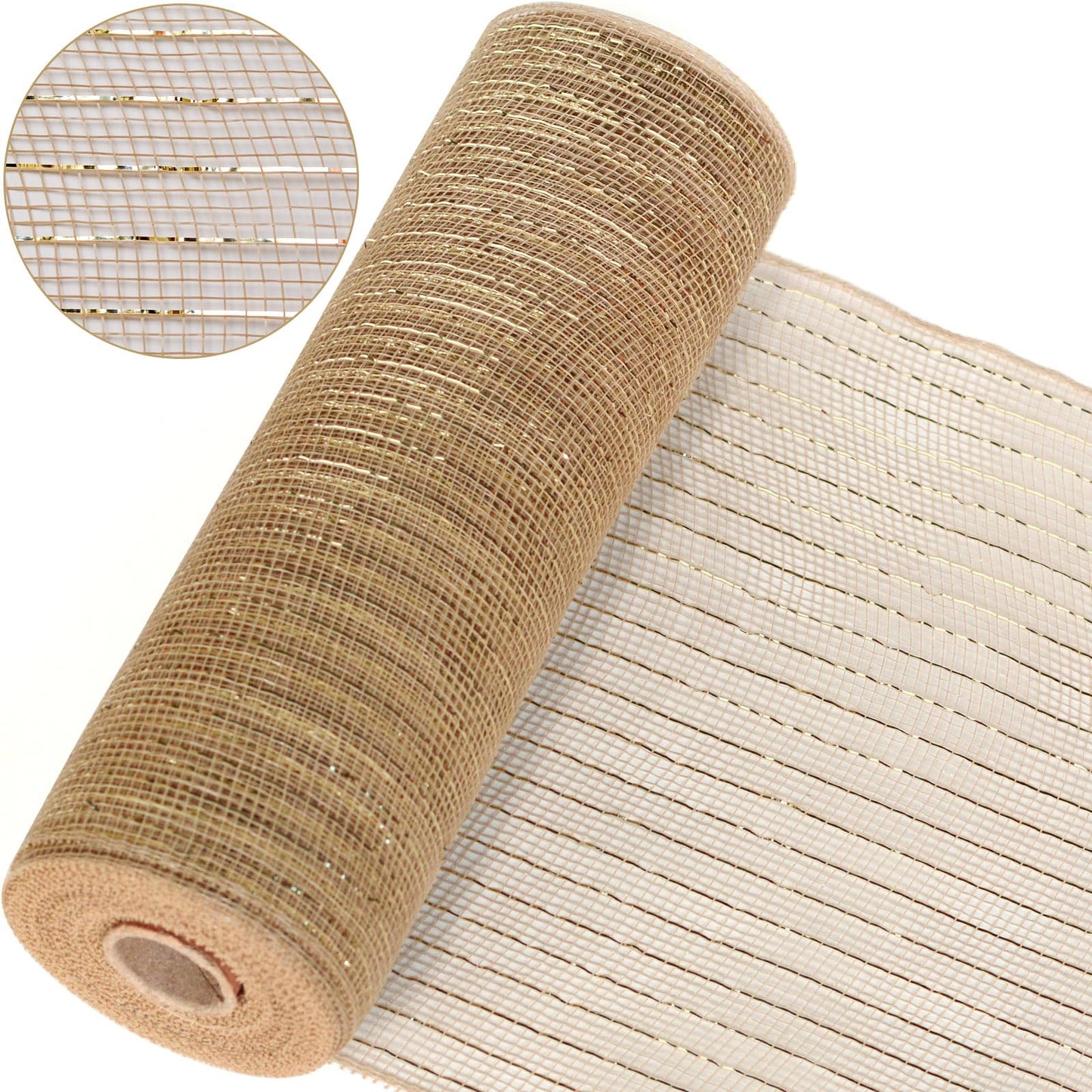 Koopi Deco Mesh 10 inch x 30 feet Each Roll, Set of 2 Tan Burlap with Champagne Metallic Foil Poly Mesh Ribbons for Wreaths, Swags, Craft, Party and Decorating Supplies- 2 Rolls