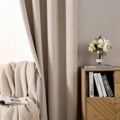 MIULEE 100% Blackout Linen Textured Curtains - Extra Long 100" Thermal Insulated Natural Beige | Luxury Room Darkening Drapes (2 Panels)