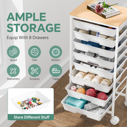 Ekisemio Rolling Cart with 8 Drawers, Storage Drawers Cart with Wooden Tabletop and Lockable Wheels, Utility Cart for Living Room, Office, Classroom, Craft Room, White