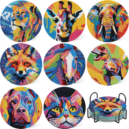 HMZephitiquc Animal Diamond Art Coasters, 8 Pcs Diamond Painting Coasters with Holder, 5D Gem Art Kit Easy Crafts, Non Slip Coaster for Home Decor Gift
