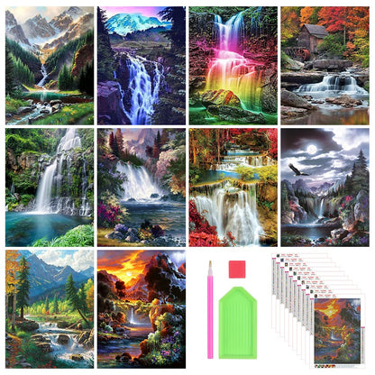 Stalente Diamond Painting Kits for Adults, 10 Pack 5D Diamond Art Kits for Beginners Round Full Drill Diamond Painting for Home Wall Decoration Gift 12×16inch, Landscape Waterfall