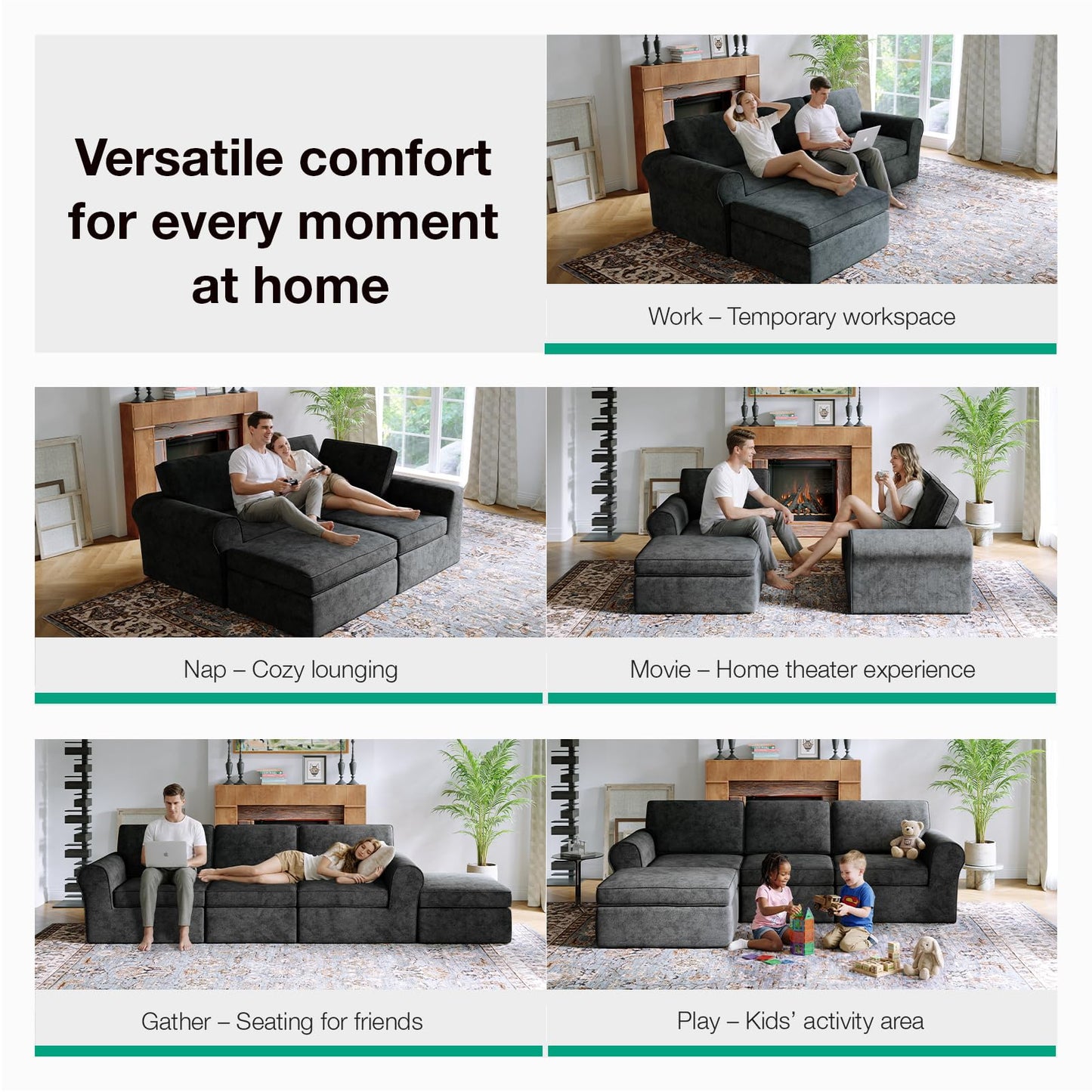 Novilla 108" Modular Sectional Sofa, Modular Sectional Couches for Living Room Bedroom, Chenille Removable Cover Cloud Couch with Smarts Coil® Support L-Shaped Couch(Dark Grey, Left-Arm Chair)