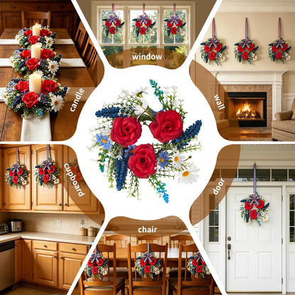 Mini 4th of July Wreath 4Pcs, 11.8 Inch Small Patriotic Wreath with Ribbon, Artificial Rose Lavender Daisy Wreath, Hanging/Tabletop/Candle Ring Decor for Home Front Door, Porch, Wall, Window, Cabinets