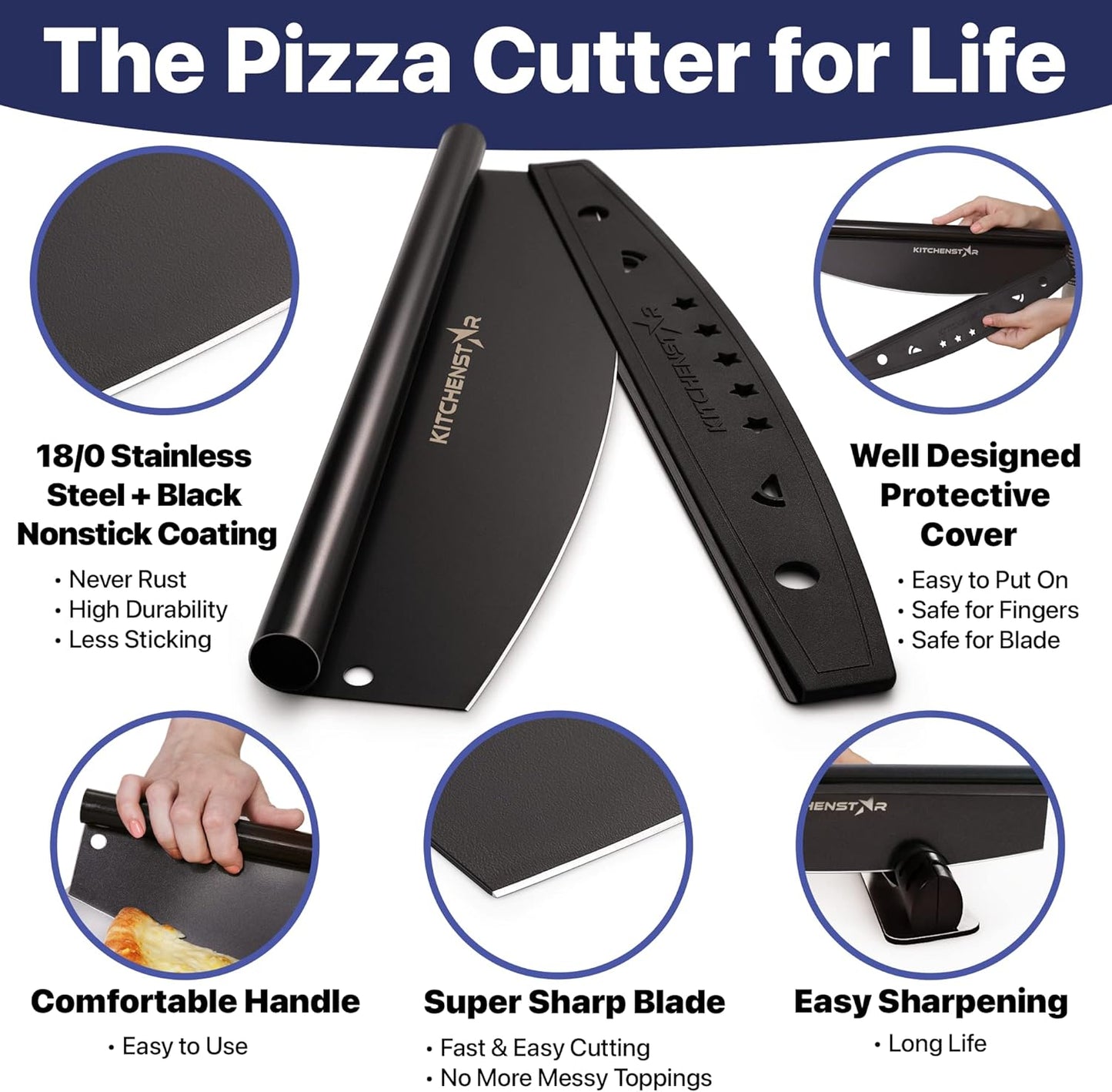 KitchenStar 18-Inch Pizza Cutter Rocker Blade - Sharp Stainless Steel Slicer Knife, Black Nonstick, Extra Large