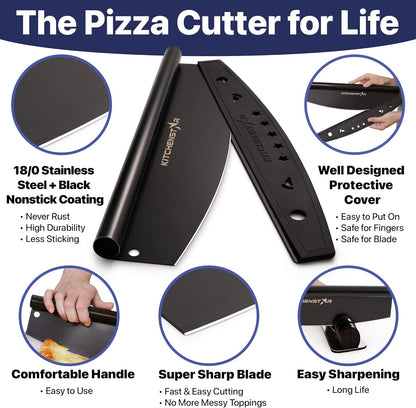 KitchenStar 18-Inch Pizza Cutter Rocker Blade - Sharp Stainless Steel Slicer Knife, Black Nonstick, Extra Large