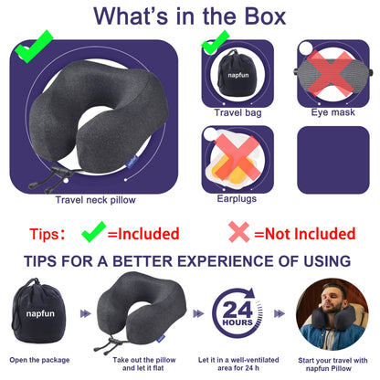 napfun Travel Pillow, Travel Accessories & Travel Essentials for Airplane Upgraded 100% Pure Memory Foam Travel Neck Pillow for Flight Headrest Sleep, Portable Plane Necessities, Full Black