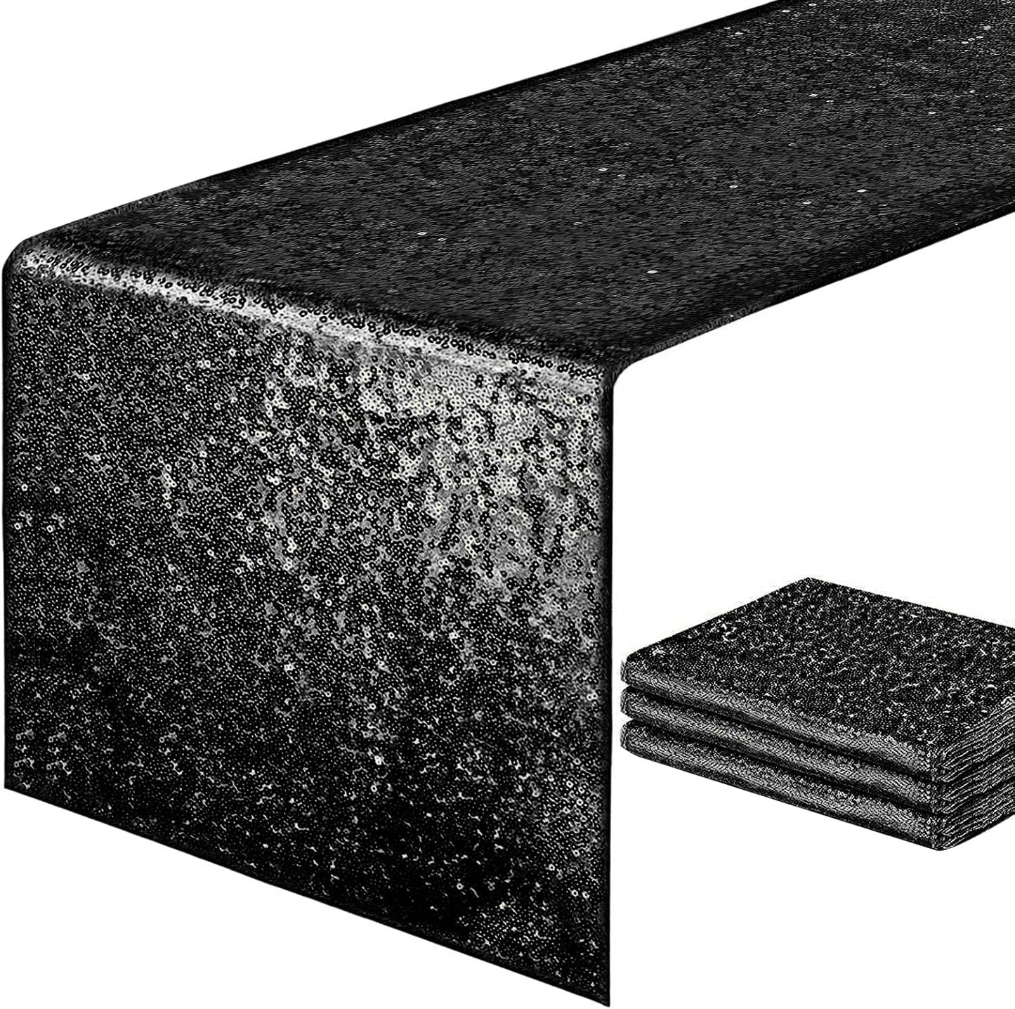 Black Sequin Table Runners, 4 Pack Glitter Table Runner for Parties, Weddings, Halloween, 12''x 72''
