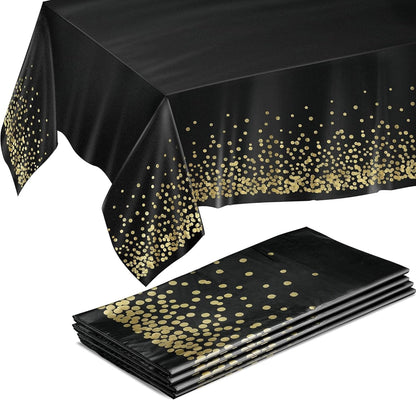 Prestee Gold & Black Rectangle Table Covers | 4 Pack Disposable Plastic Tablecloths - 54 x 108 Inches for Parties & Events