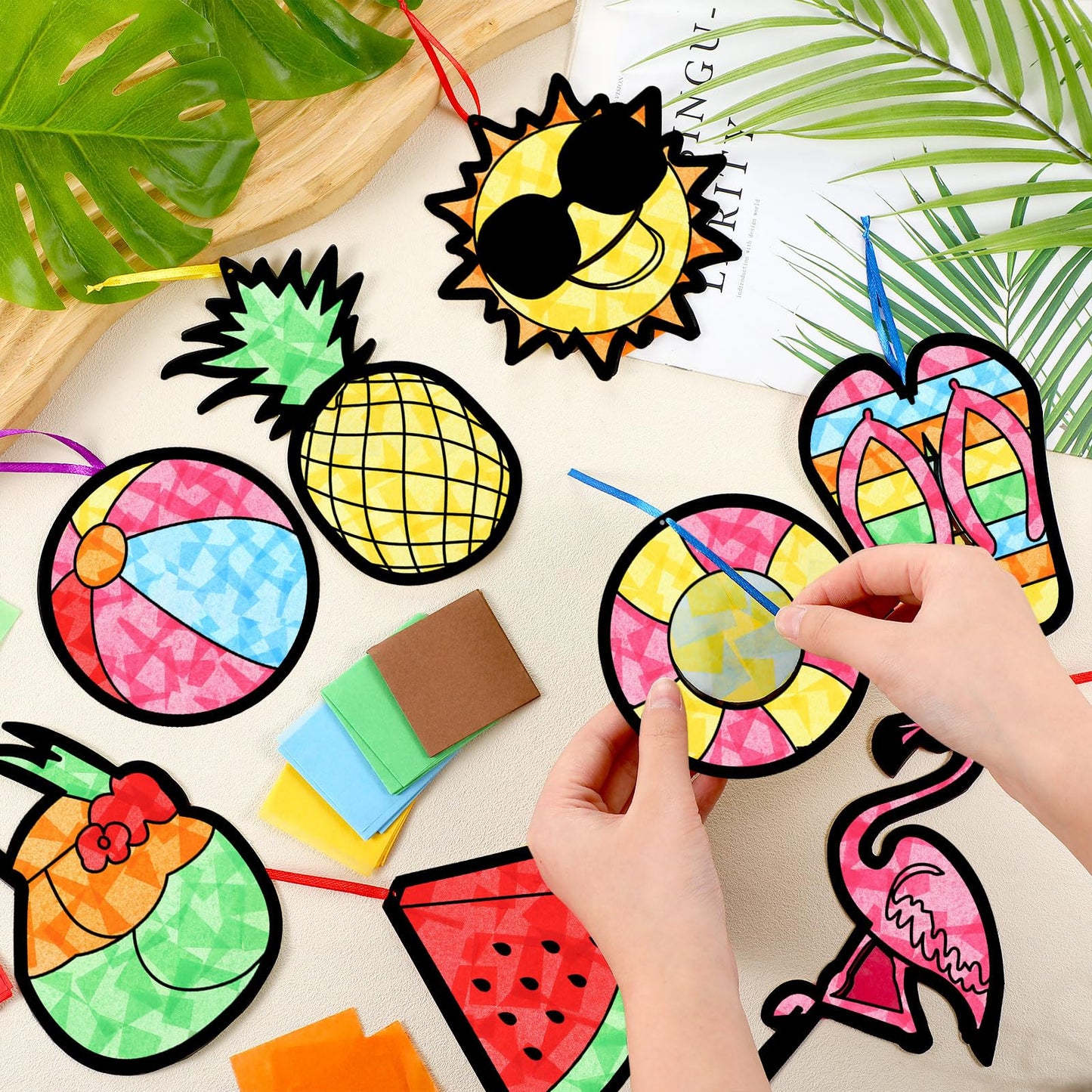 AmazingSpark 36 Pcs Summer Suncatchers Paper Craft Set, DIY Flamingo Hawaii Stained Glass Effect Tissue Paper Kits Bulk for Windows, Art Parties, Beach Decorations, Favors and Gifts