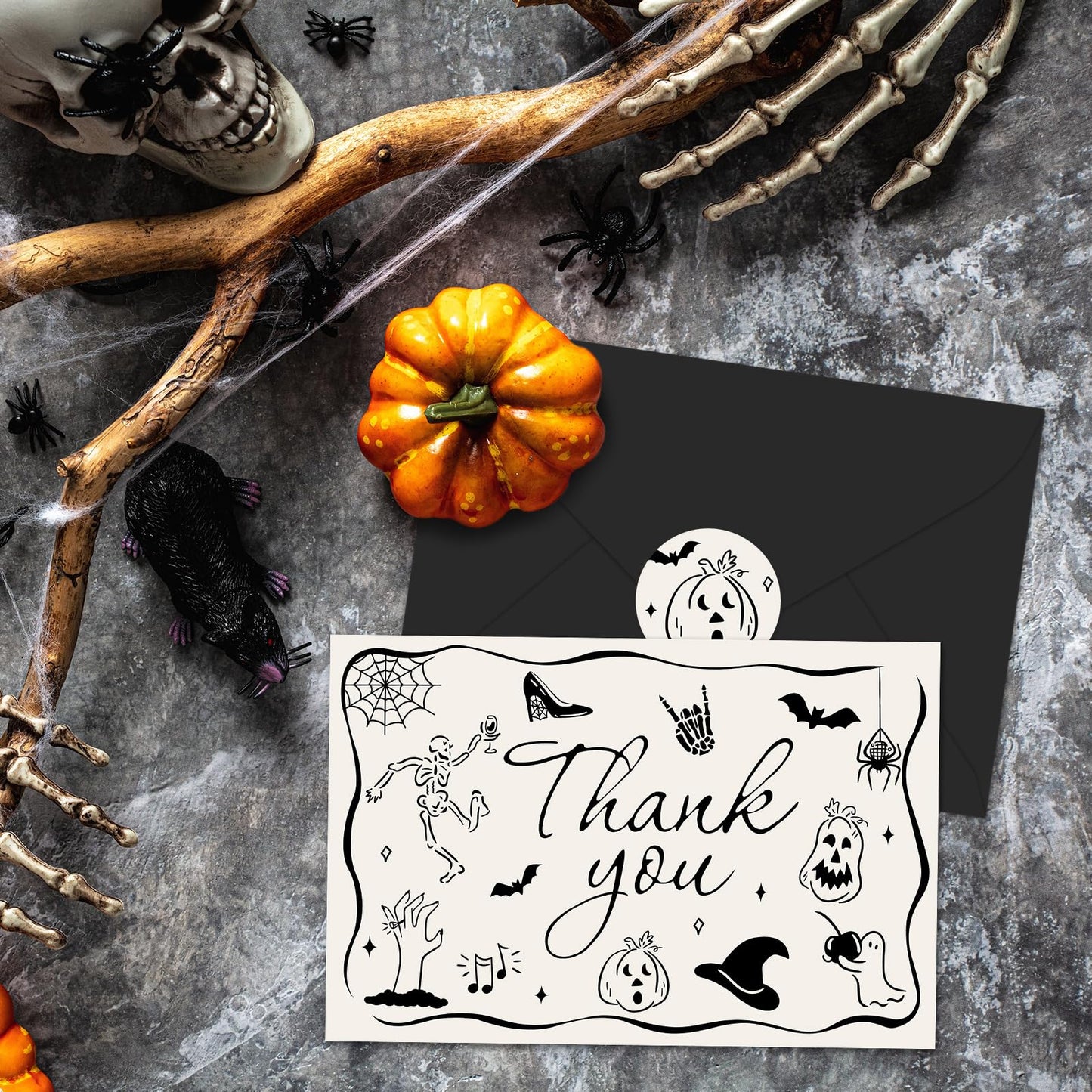 Whaline 24 Pack Halloween Thank You Cards Black Skeleton Pumpkin Ghost Thank You Greeting Note Card with Envelope Sticker for Birthday
