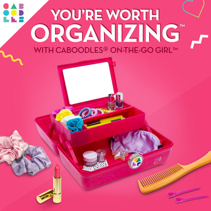 Caboodles On-The-Go Girl Makeup Box, Deep Pink Sparkle, Hard Plastic Makeup Organizer Box, Built-In Mirror, Secure Latch for Safe Travel, Spacious Storage for Large Items