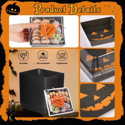 Yaomiao 50 Pcs Halloween Pumpkin Charcuterie Boxes with Clear Lid Rope Card 5.3 Inch Square Disposable Paper Food Containers Bakery Dessert Treat Boxes for Cake Cookie Sandwich Halloween Party Favor