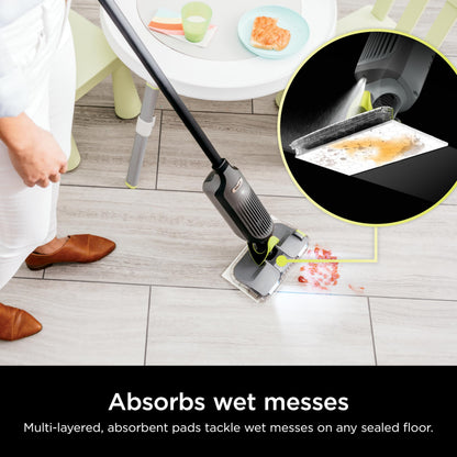 Shark VACMOP Cordless Hard Floor Cleaner, Vacuum and Spray Mop, Powerful Suction, Lightweight, LED Headlights, Includes 4 Disposable Pads, 12oz Multi-Surface Cleaning Solution, Gray, VM252