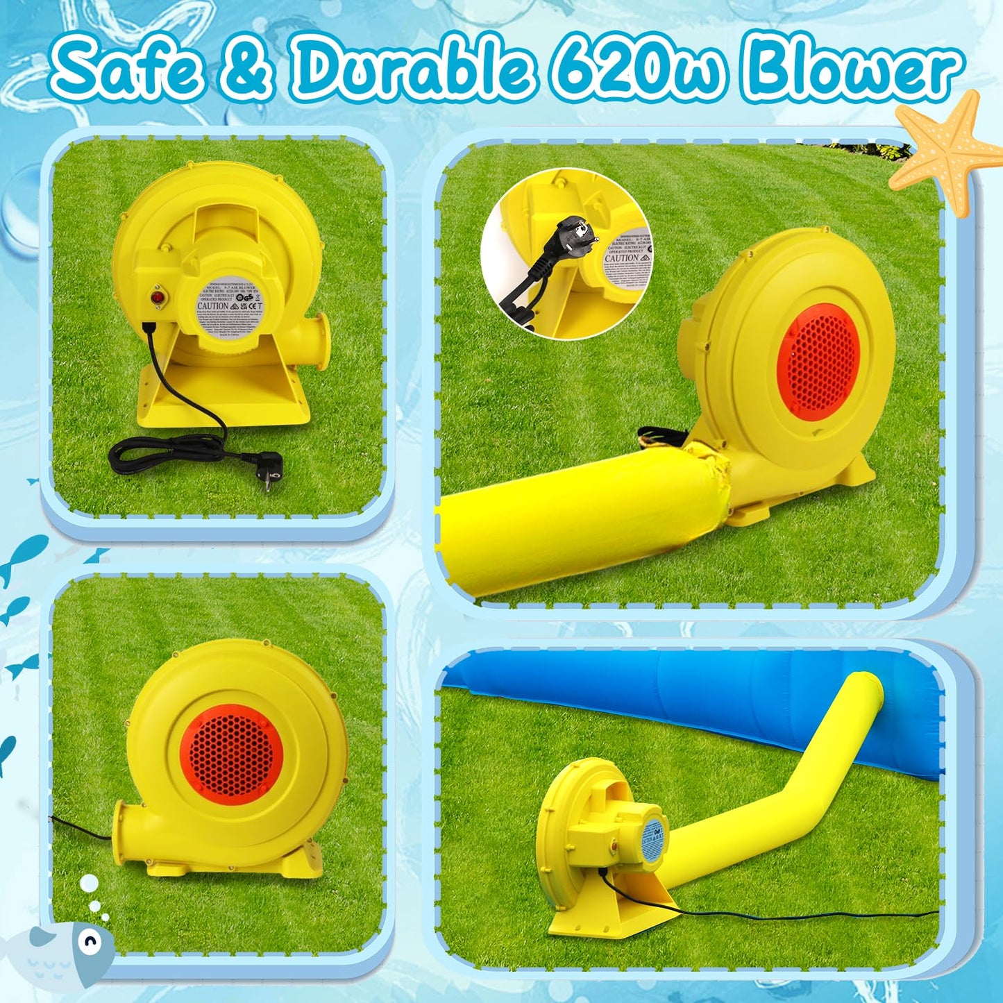FBSPORT Inflatable Bounce House Water Slide, Bounce House for Kids with Toy Market Stand Splash Pool Bouncer Climbing Wall Water Gun Ball Dart, Bouncy Castle W/620W Blower for Outdoor Indoor, Green