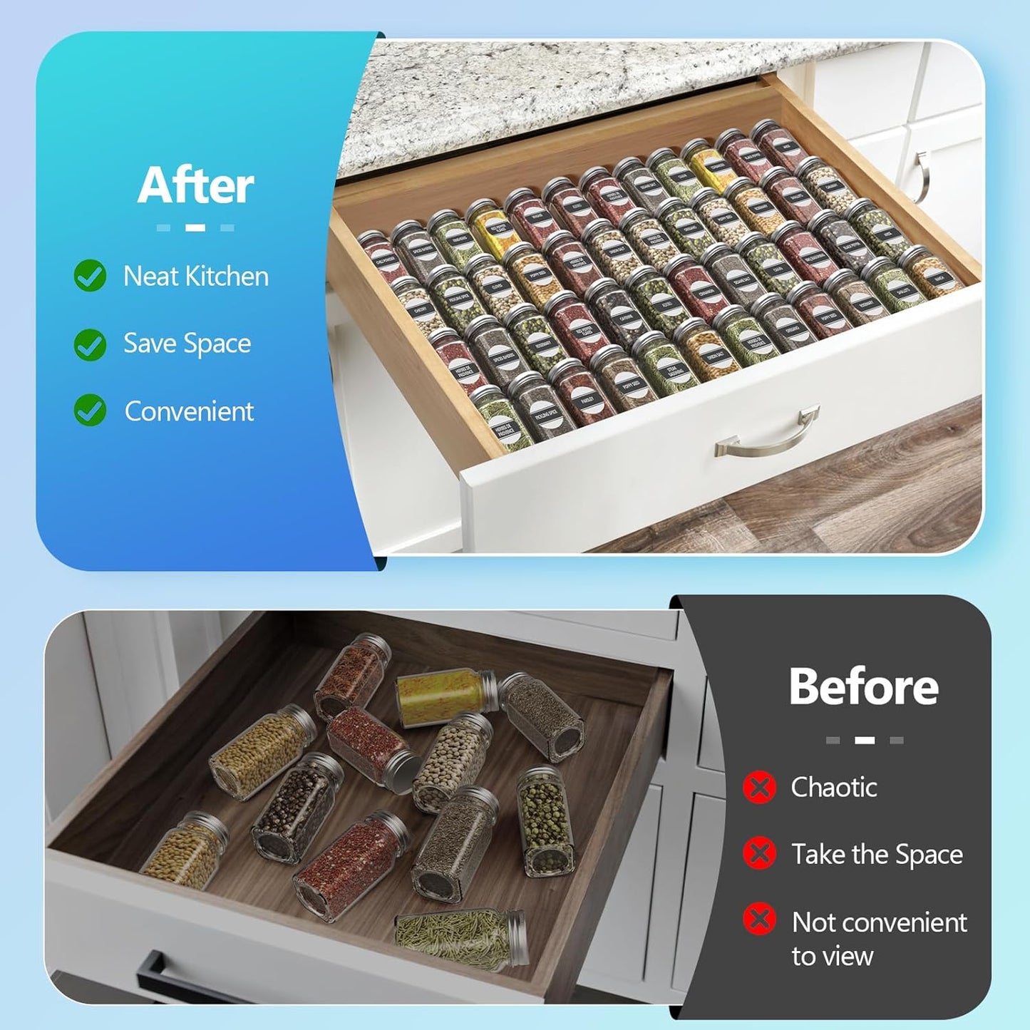 Spice Drawer Organizer, 4 Tier Clear Acrylic Rack for Kitchen, Expandable from 13" to 26" Spice Rack Tray (8 Pcs Clear)
