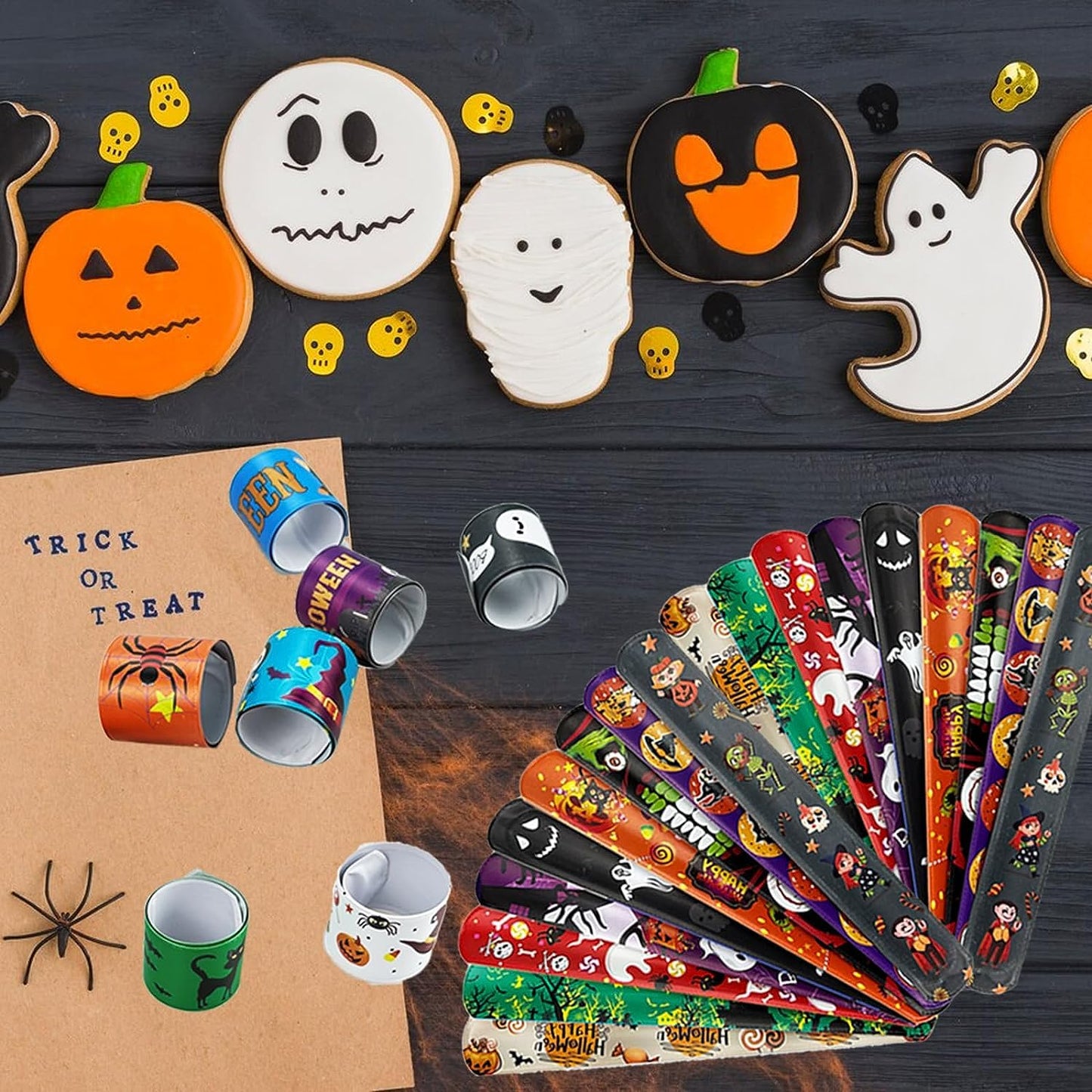 SUNPROUND 100Pcs Halloween Slap Bracelets, Halloween Party Favors Treat Toys for Kids Girls Boys, Slap Bracelets Bulk for Halloween Party Supplies, Halloween Treat Goodie Bags Gifts