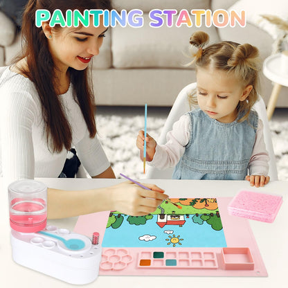 Painting Station, Including Paint Brush Cleaner, 20"×16" Silicone Painting Mat,12-Color Acrylic Paint, 10 Paint Brushes,1 Absorbent Sponge, DIY Painting Gift for Adult Artist Beginners