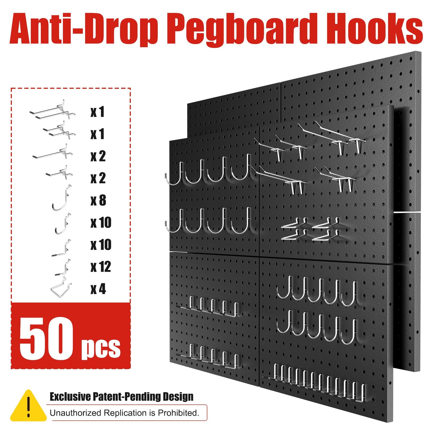 7S garage Peg Board 8 Pack Metal Pegboard Panels with 50 Hooks, Heavy Duty Pegboard Wall Organizer, Black Pegboards for Workbench, Garage Tool Storage, Office Organization, Kitchen, Craft Room