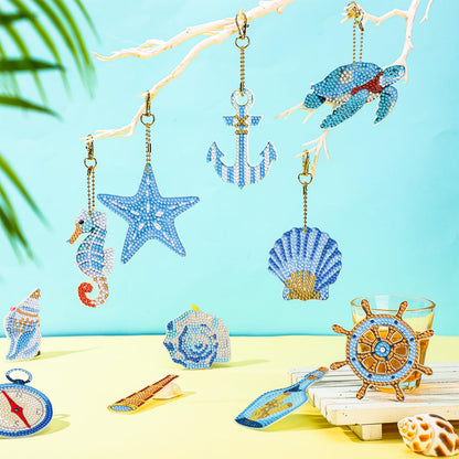 BBTO 15 Pcs Summer Ocean Diamond Painting Keychains Kits 5D DIY Summer Diamond Art Painting Keyrings Sea Animals Theme Key Chains for Beach Party Crafts Ornaments