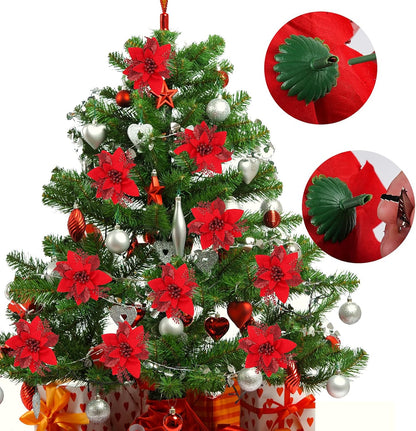 RECUTMS 10 PCS Red Glitter Poinsettia Flowers, Artificial Christmas Decorations for Tree, Wreath, New Year Ornaments