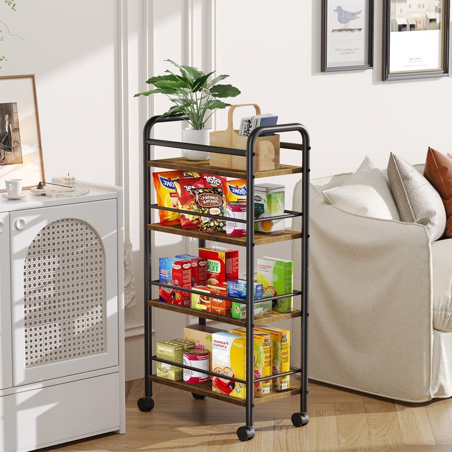 4-Tier 9.1" 4-Tier (9.1" 33.6" Asgolion Slim Storage Cart, Small Rolling Cart with Wheels, Deep, Narrow Bathroom Shelf