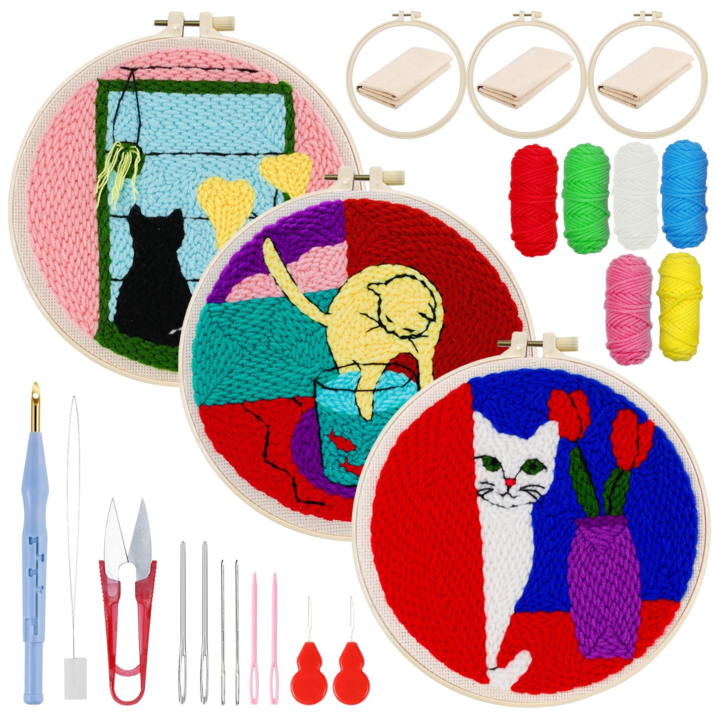 Woohome Punch Needle Kit Included Plastic Hoops, Punch Needle Cloth, Color Yarn and Punch Needle Tools for Adults, Beginners (Cat and Vase)