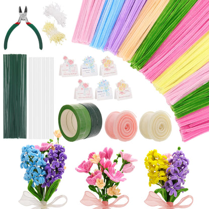 Ovveroche 1000 PCS Pipe Cleaners Craft, Pipe Cleaner Bulk Flower Kit with Handle, 7 Colors Chenille Stems Flower Making Kit with Floral Wires, Gardening Tape, Stamen, Ribbon for Art Craft Supplies