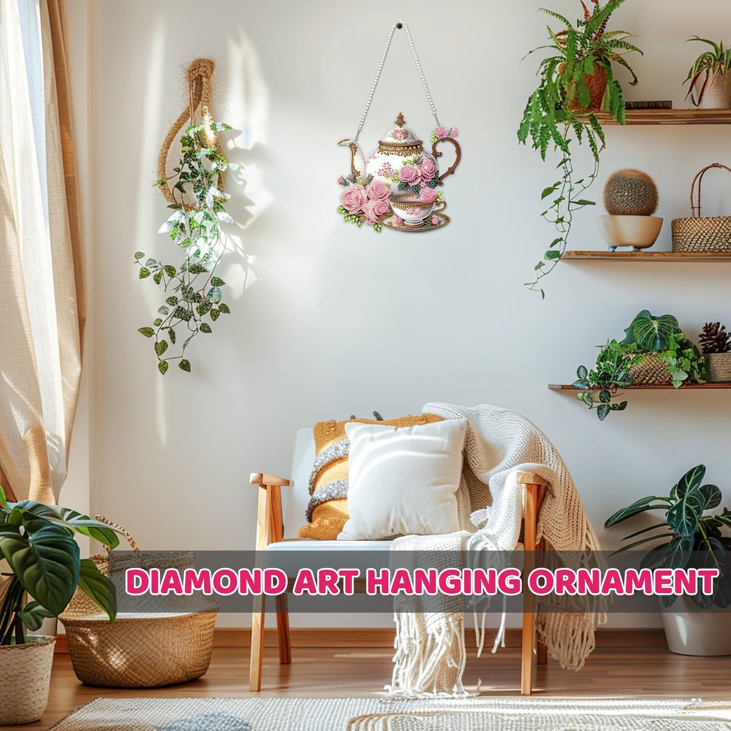 MEIYUDA Teapot Diamond Art Hanging Kits for Adult, Flowers Teapot Diamond Painting Hanging Kits Ornaments, DIY Special Shaped Rhinestone Window Pendants Kit for Home Garden Wall Decor Gift