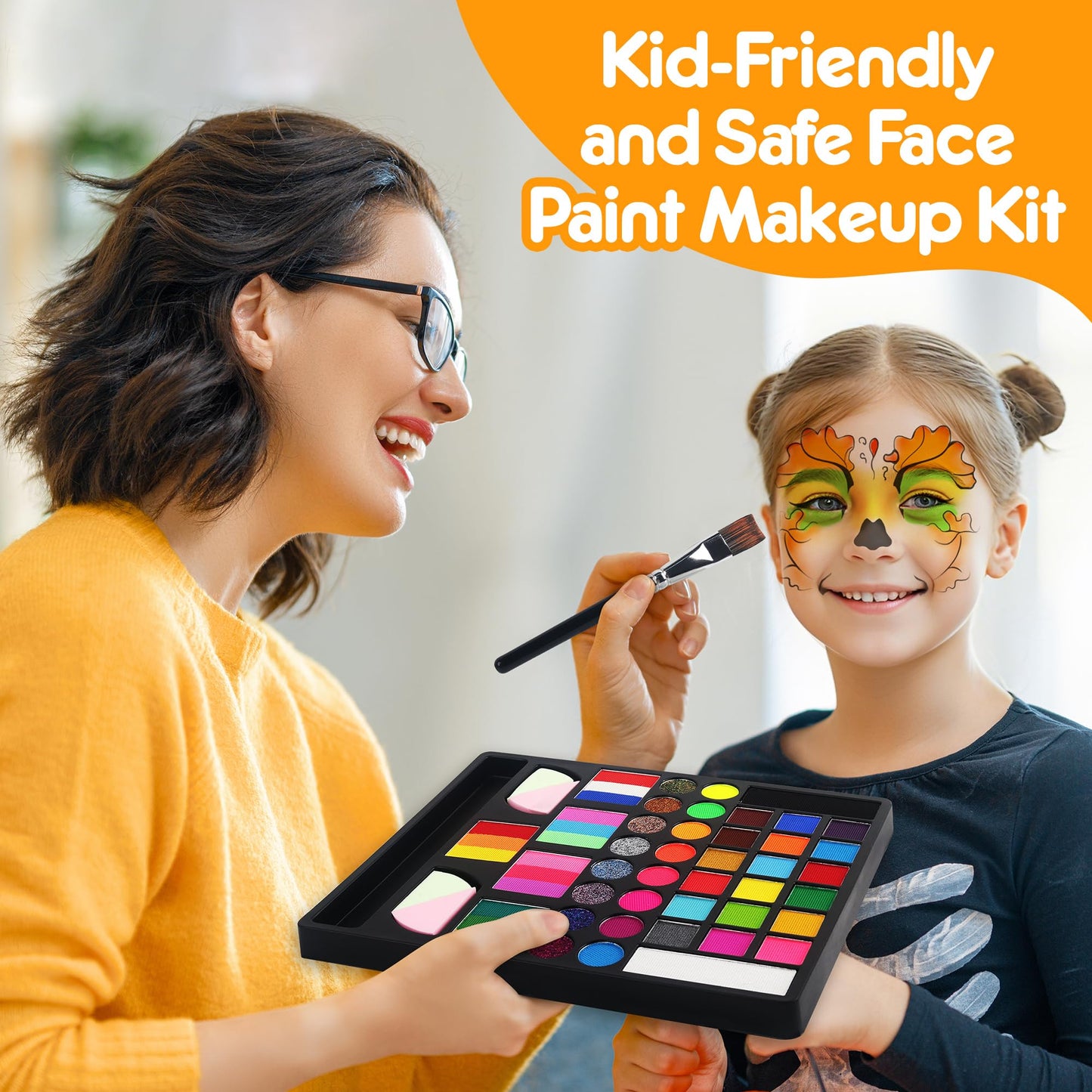 Mocoosy 41 Color Face Painting Kit for Kids, Non-Toxic Water Activated Face Paint Palette With Stencil, Brushes, Gem, Professional Body Makeup Kit for Cosplay Party, Carnival, Birthday, Costume Party