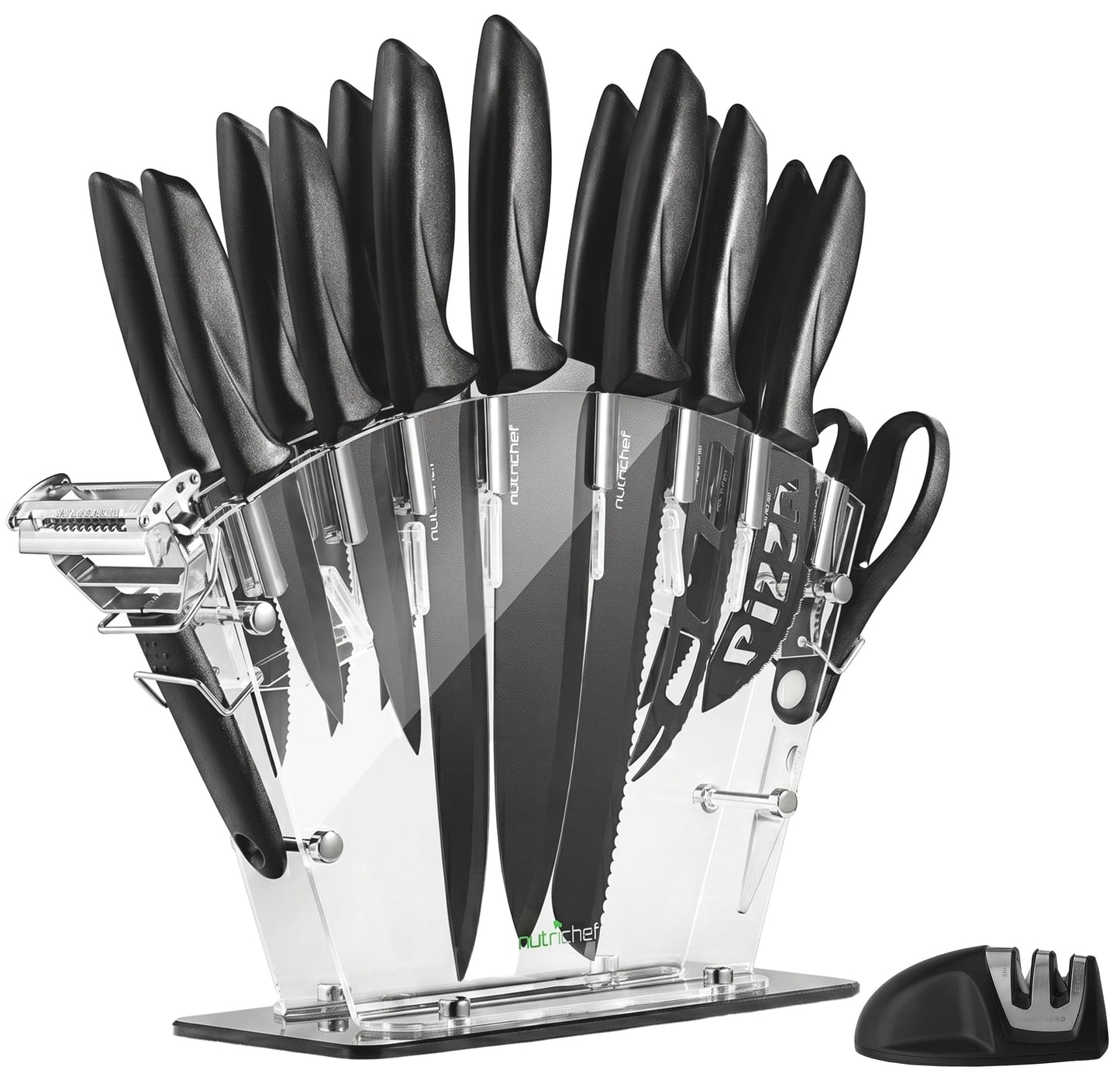 NutriChef 17-Piece Kitchen Knife Block Set - Stainless Steel Precision Crafted Knives w/Acrylic Block Stand - Includes 6 Steak & 7 Multi-Use Knives, Sharpener, Scissors, & Vegetable Peeler (Black)