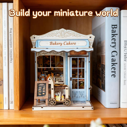DIY Miniature House Kit, Bakery Book Nook Kit, 3D Wooden Puzzles Bookshelf Craft Kits, Dollhouse Kit with LED Light, Mini Building Kit for Adults Teen to Build(Bakery Shop)