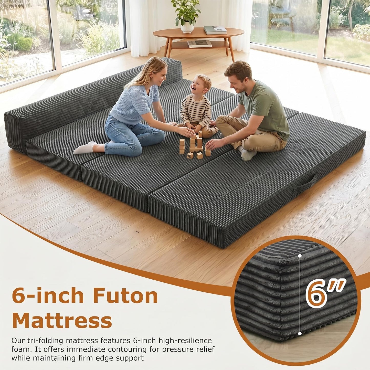 JUIKURY 5 in 1 Foldable Floor Sofa Bed, Tri-Fold Memory Foam Futon Mattress, Convertible Sleeper Couch Guest Bed, Portable Fold Out Sofa Couch for Living Room Apartment Office Guest Room