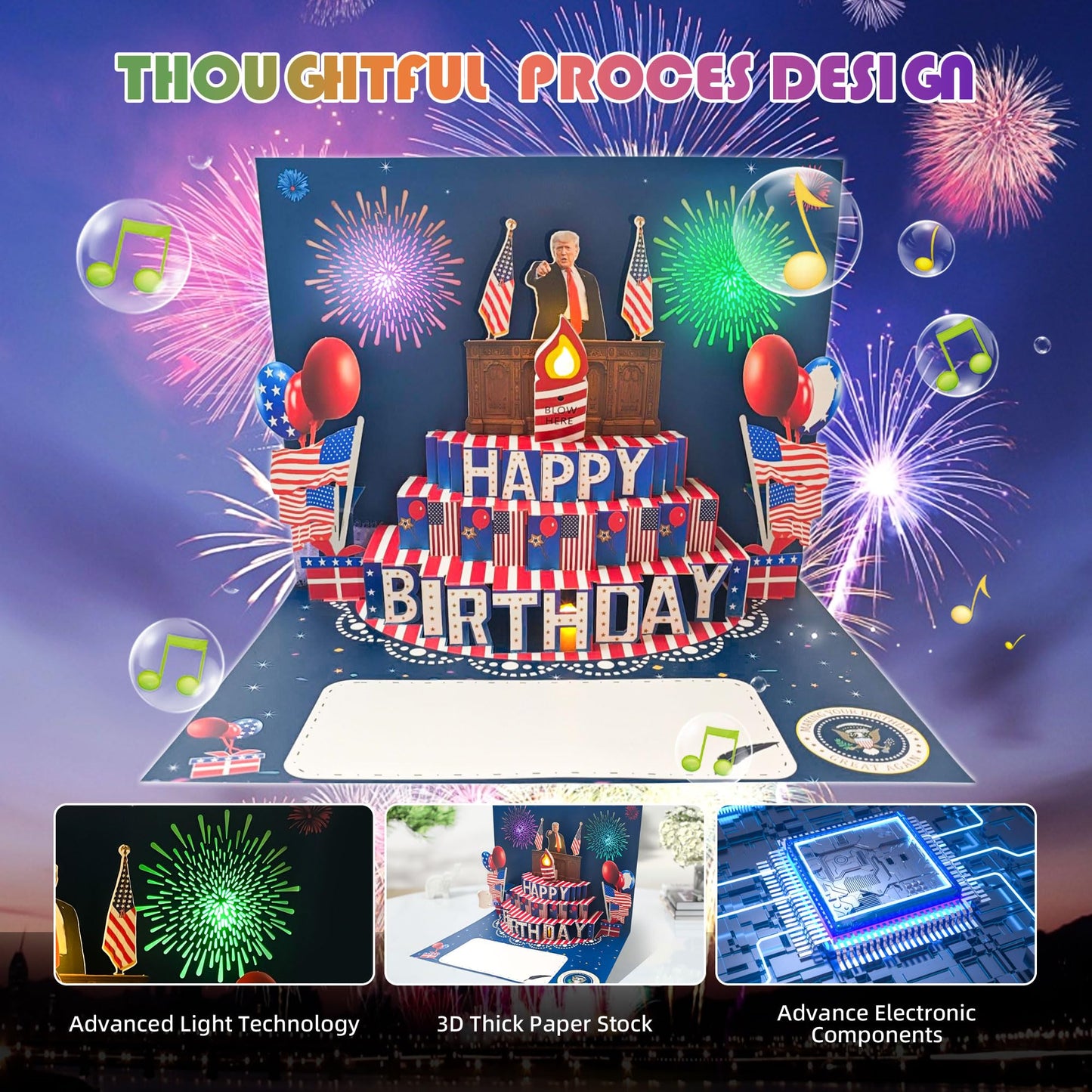 BELLESTILE Donald Trump Birthday Card with Lights and Music,3D Pop Up Fireworks Birthday Card with Blowable Candle,Greeting Cards,Birthday Gifts for Mom Women Men Kids Child Dad Father Wife ﻿