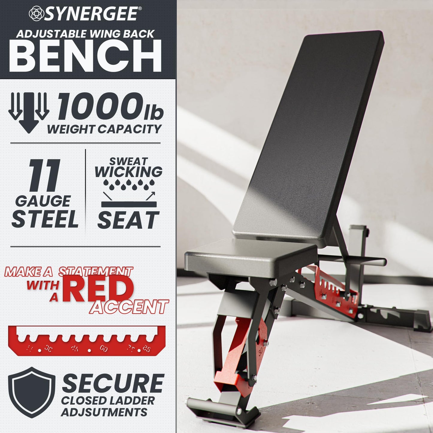 Synergee Adjustable Wing Back Workout Bench. Weight Bench for Dumbbell & Barbell Press Exercises & Workouts. Great for Commercial, Garage and Home Gym.
