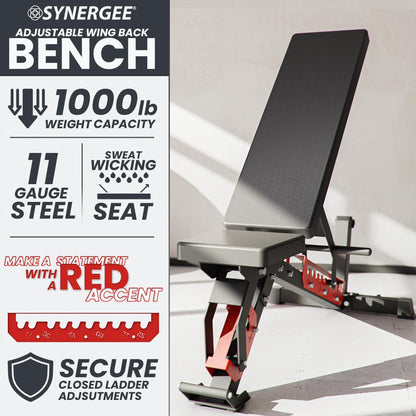 Synergee Adjustable Wing Back Workout Bench. Weight Bench for Dumbbell & Barbell Press Exercises & Workouts. Great for Commercial, Garage and Home Gym.