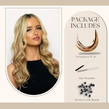 21 Natural Color Hair Extensions – 9”–14” Long – DIY Rooster Kit with 20 Micro-Link Beads – 100% Real Feathers – Eye-Catching Boho Style