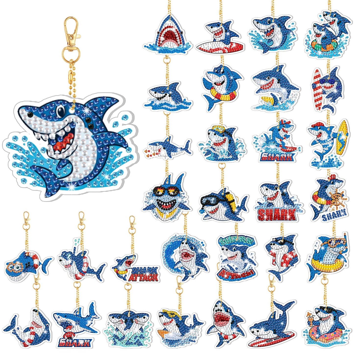Huquary 30 Pcs Summer Diamond Art Keychains Shark Diamond Art Kits for Aldults Double Sided 5d Rhinestones Ocean Animal Beach Hanging Key Chains Ornaments for Beginners DIY Crafts Party