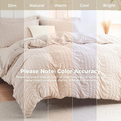 HYMOKEGE Queen Comforter Set - Beige Oversized 7-Piece Seersucker Luxury Bedding | All-Season Comforter, Sheets & Pillowcases