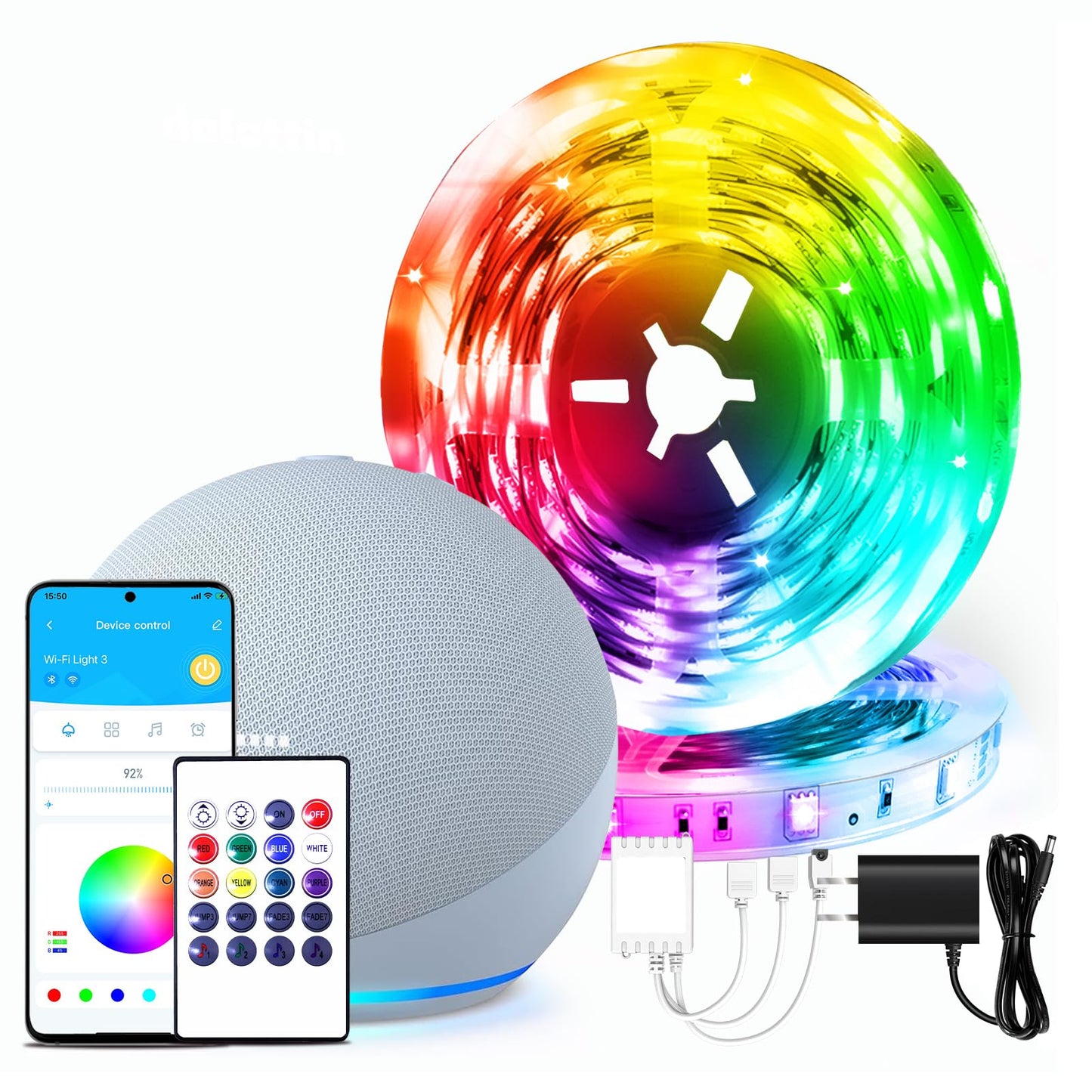 dalattin Smart WiFi Led Lights 130ft, Work with Alexa Google Assistant, APP Voice Remote Control Led Strip Lights RGB Color Changing Music Sync Led Lights for Bedroom Valentine (2 Rolls of 65.6ft)