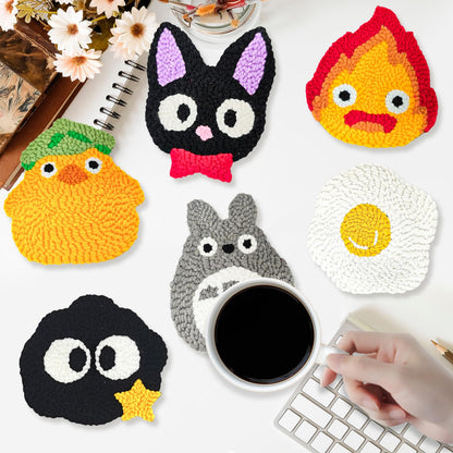 PUNICA Punch Needle Kit for Beginners, Kids & Adults Coaster Set of 6, Easy DIY Embroidery Set Starter Craft Gift with Cute Cartoon Decoration