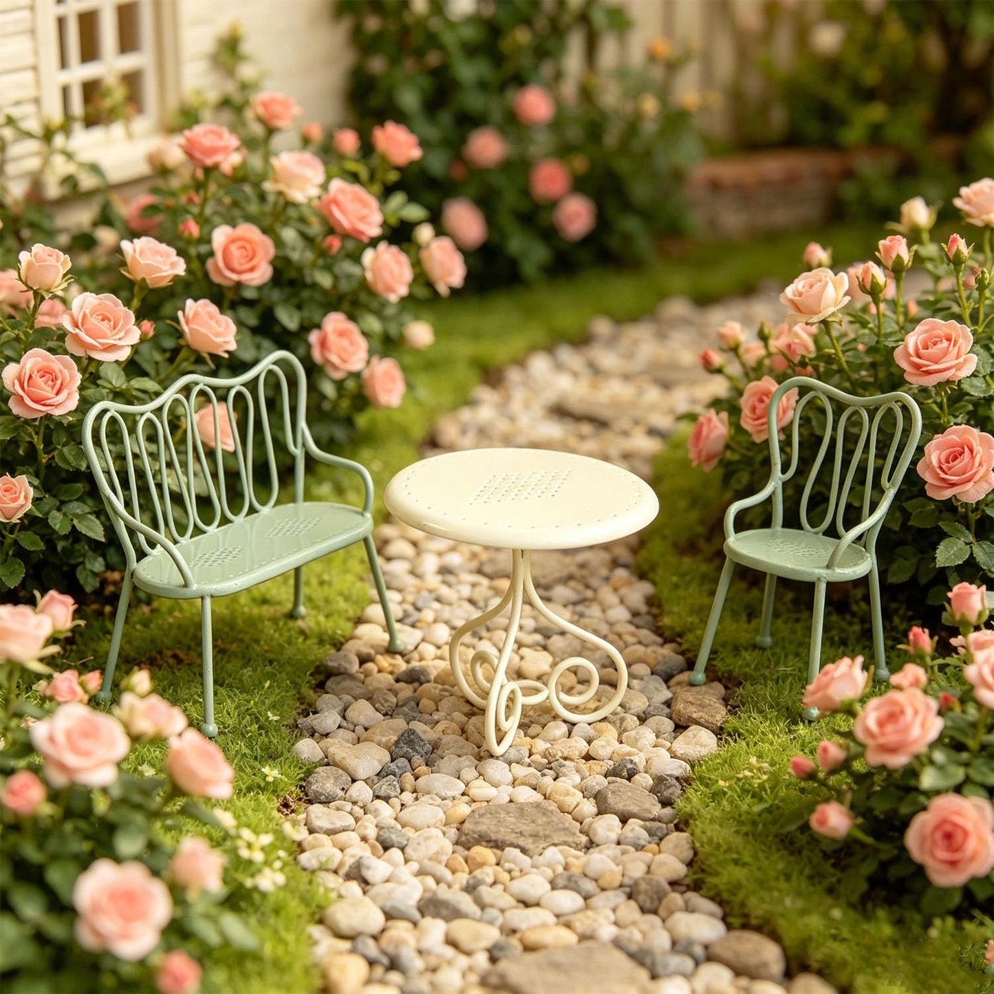 Minamzee 1:12 Scale Nordic Style Dollhouse Dining Table and Chairs 3-piece Set, Realistic Dollhouse Furniture, Decorative Accessories for Dining Room, Garden and Living Room (Green)