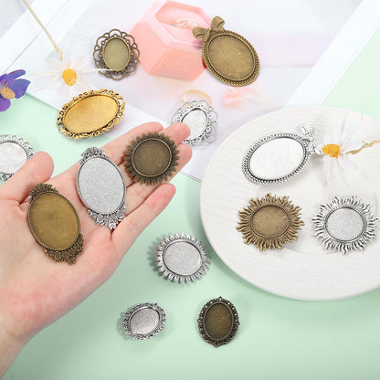 MECCANIXITY 10 Pcs Cabochon Brooch, 25mm Alloy Findings Trays Round Pins, Vintage Setting Brooch Pins for DIY Jewelry Making Pendants Photo Craft, Sunflower Style, Silver